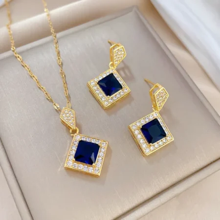 Square Dark Blue Crystal Charm Necklace