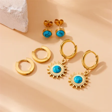 Blue Turquoise Stone 6-PC Golden Earrings