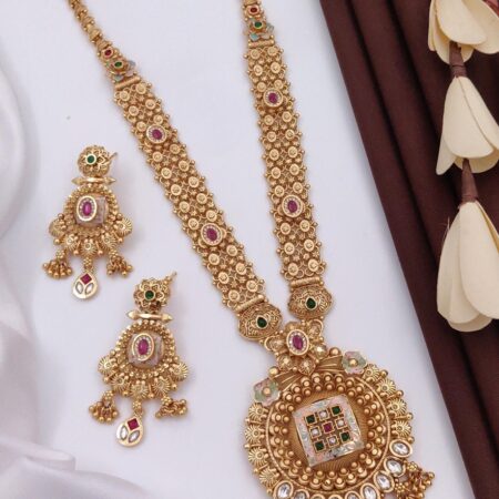 Classic Brass High Gold Plated Long Necklace Set
