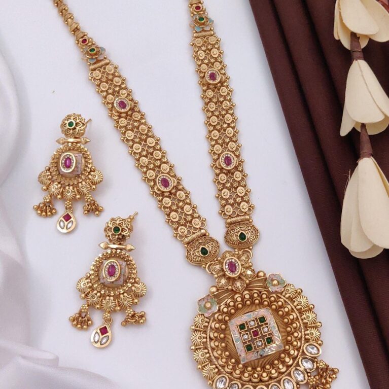 Classic Brass High Gold Plated Long Necklace Set